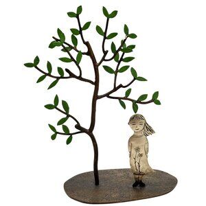 Metal Figurine Sculpture Of Girl With Flowers & Tree On Textured Base 5 Inches